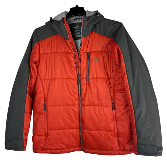 L.L. Bean Packaway Hooded Jacket Men’s Large Orange Gray Full Zip Nylon Puffer - Picture 2 of 9